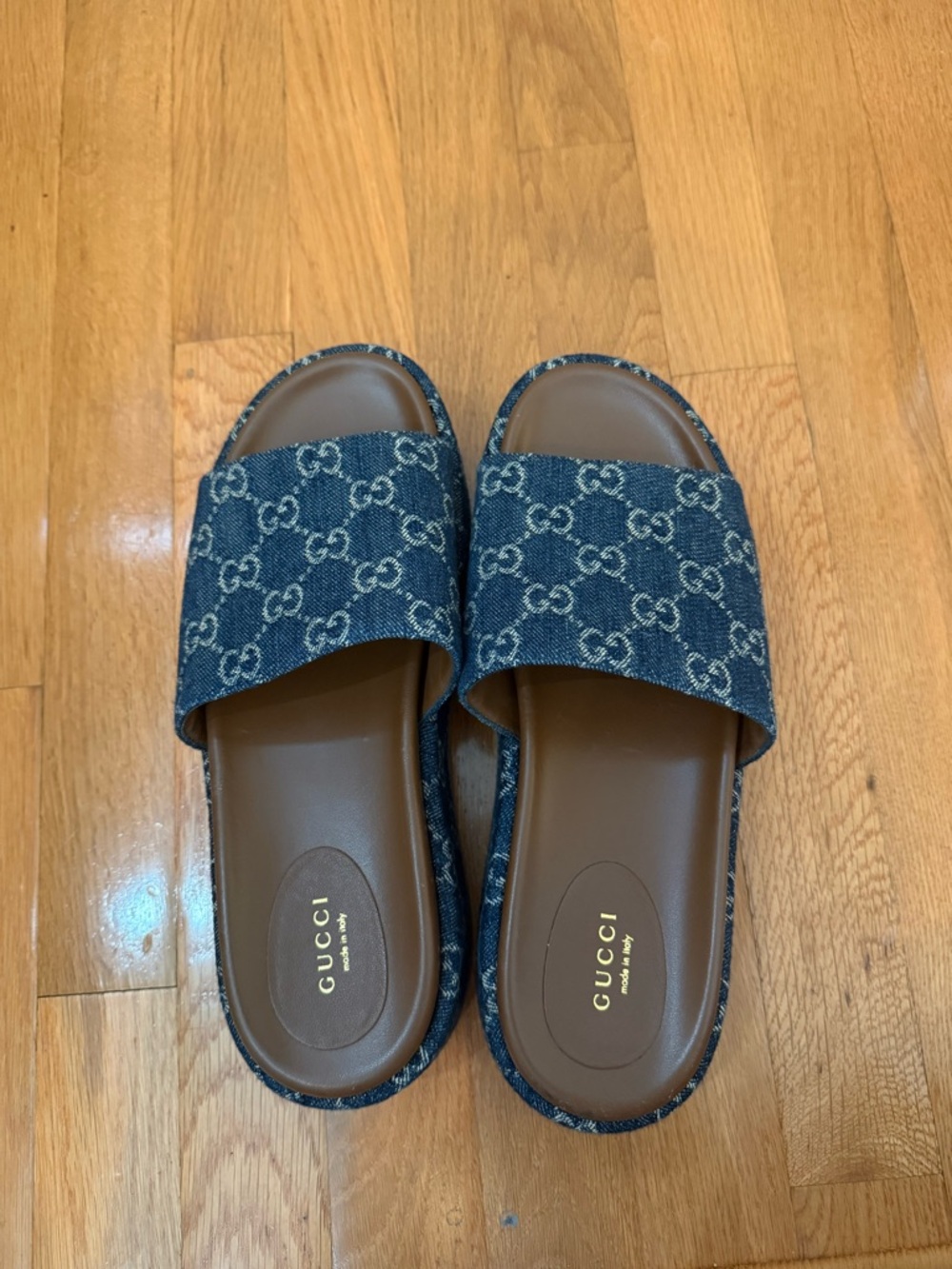 Gucci Denim GG  denim Canvas Slide Sandals - Blue & Brown